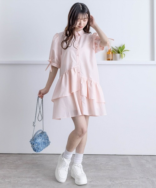 clear（クリア）の「裾アシメフリル袖リボン半袖シャツワンピース[バレエコア ガーリー ミニ丈 ショート丈]≪再入荷≫（ワンピース・レディース・ブルー/ピンク/オフホワイト/ブルー系その他/ブラック・F）」の22枚目の写真