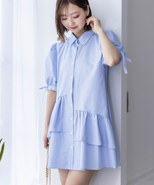 clear（クリア）の「裾アシメフリル袖リボン半袖シャツワンピース[バレエコア ガーリー ミニ丈 ショート丈]≪再入荷≫（ワンピース・レディース・ブルー/ピンク/オフホワイト/ブルー系その他/ブラック・F）」の16枚目の写真