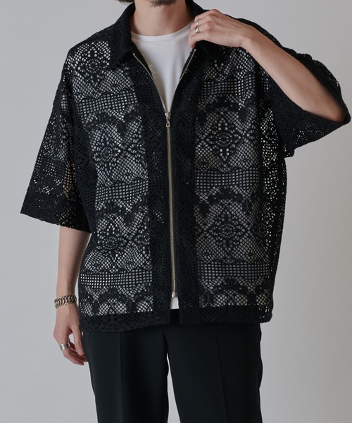 Lui's（ルイス）の「クロシェ編み半袖ZIPシャツブルゾン（シャツ/ブラウス・メンズ・ブラック/キナリ・S/M）」の2枚目の写真