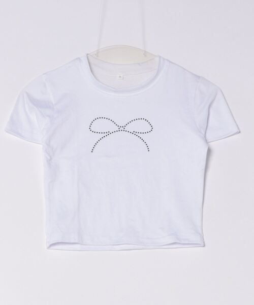 BARELY BLUE(ベアリーブルー)の「【 BARELY BLUE / ベアリーブルー 】 クロップド ミニ リボン ダイヤ Tシャツ / 半袖(Tシャツ/カットソー・レディース・ホワイト/ブラック・S/M/L)」の4枚目の写真