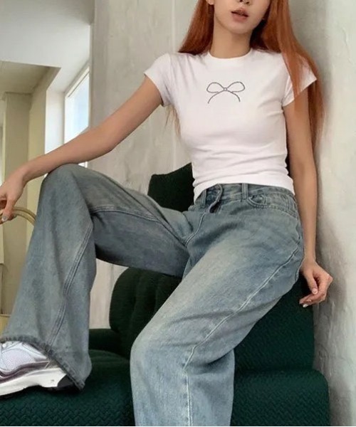 BARELY BLUE(ベアリーブルー)の「【 BARELY BLUE / ベアリーブルー 】 クロップド ミニ リボン ダイヤ Tシャツ / 半袖(Tシャツ/カットソー・レディース・ホワイト/ブラック・S/M/L)」の12枚目の写真