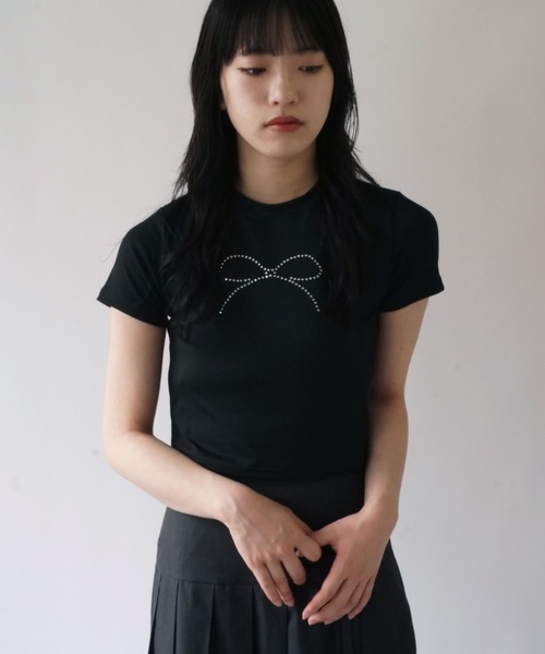 BARELY BLUE(ベアリーブルー)の「【 BARELY BLUE / ベアリーブルー 】 クロップド ミニ リボン ダイヤ Tシャツ / 半袖(Tシャツ/カットソー・レディース・ホワイト/ブラック・S/M/L)」の13枚目の写真