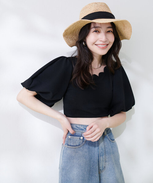 セール】【水着】スカラップネックボリュームスリーブトップス+