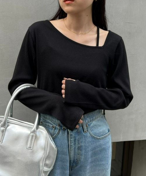 CIAOPANIC TYPY(チャオパニックティピー)の「【WEB限定】アシメネックリブロンTee(Tシャツ/カットソー・レディース・イエロー/オフホワイト/グレー/ブラック/モカ・ONE SIZE)」の3枚目の写真