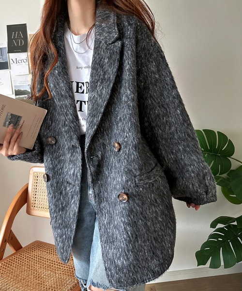 classicalelf（クラシカルエルフ）の「気軽に羽織れる大人のアウター。ミックスシャギーダブルジャケットコート（テーラードジャケット・レディース・チャコール/ブラック・LARGE/MEDIUM/SMALL/X-LARGE）」の8枚目の写真