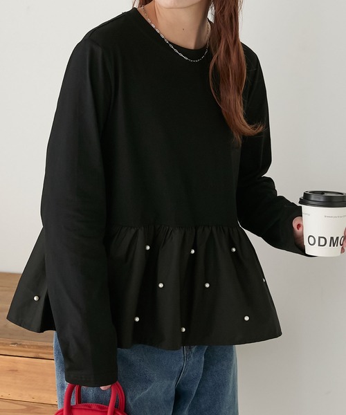 BONLECILL(ボンルシール)の「パールペプラムロンTEE(Tシャツ/カットソー・レディース・ブラック/オフホワイト・FREE)」の2枚目の写真