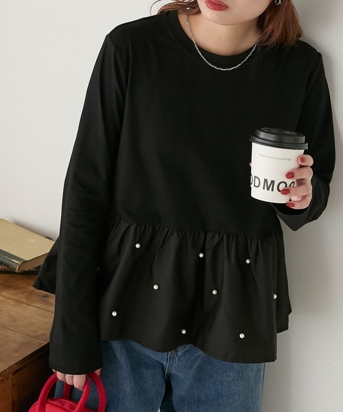 BONLECILL(ボンルシール)の「パールペプラムロンTEE(Tシャツ/カットソー・レディース・ブラック/オフホワイト・FREE)」の18枚目の写真