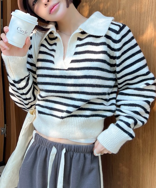SHEPP(シープ)の「襟付き深Vネックスキッパー ボーダーニットプルオーバー(ニット/セーター・レディース・ブラック/アイボリー・F)」の1枚目の写真