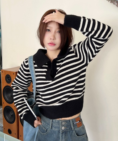 SHEPP(シープ)の「襟付き深Vネックスキッパー ボーダーニットプルオーバー(ニット/セーター・レディース・ブラック/アイボリー・F)」の3枚目の写真