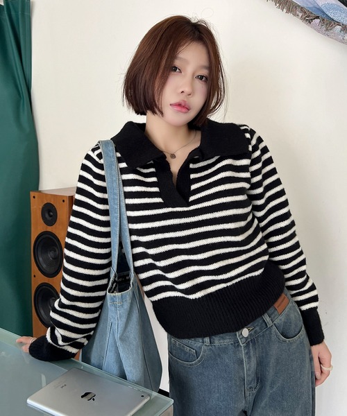 SHEPP(シープ)の「襟付き深Vネックスキッパー ボーダーニットプルオーバー(ニット/セーター・レディース・ブラック/アイボリー・F)」の8枚目の写真