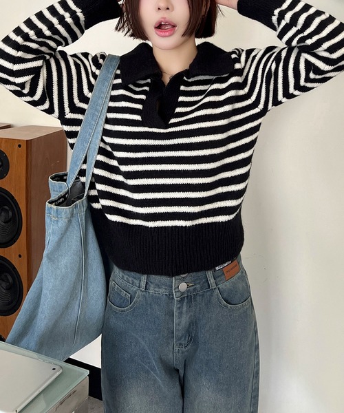 SHEPP(シープ)の「襟付き深Vネックスキッパー ボーダーニットプルオーバー(ニット/セーター・レディース・ブラック/アイボリー・F)」の9枚目の写真