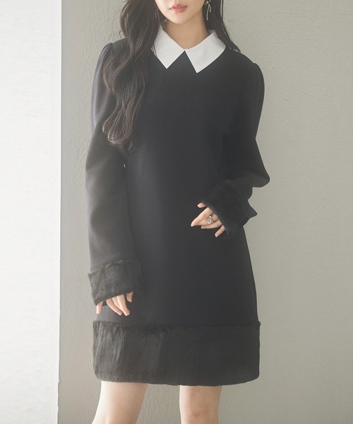 レディース 2wayネック ポンチ素材 膝丈ワンピース ファーワンピース