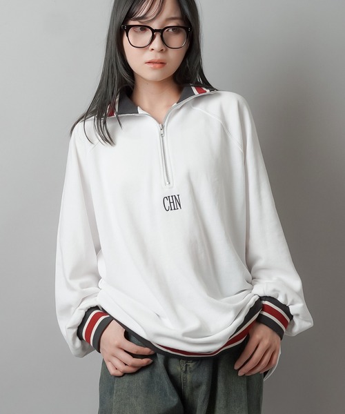 SPINNS（スピンズ）の「ワンポイント刺繍ラインリブ ハーフジップビッグスウェット（スウェット・レディース・オフホワイト/スミクロ/オートミール/ネイビー・ONESIZE）」の6枚目の写真