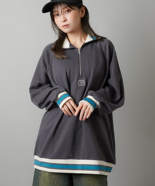 SPINNS（スピンズ）の「ワンポイント刺繍ラインリブ ハーフジップビッグスウェット（スウェット・レディース・オフホワイト/スミクロ/オートミール/ネイビー・ONESIZE）」の9枚目の写真