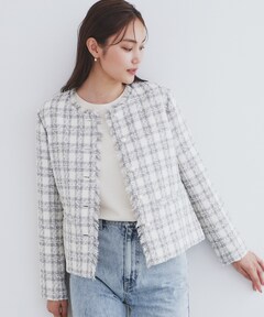 セール】バスケットツイードショートジャケット（ノーカラージャケット