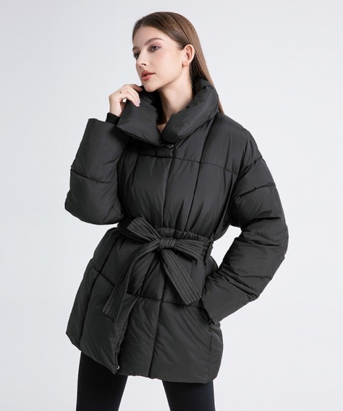 ウエストベルト付きネイビーのダウンジャケット セール】ウエストベルト エコダウンジャケット（ダウンジャケット