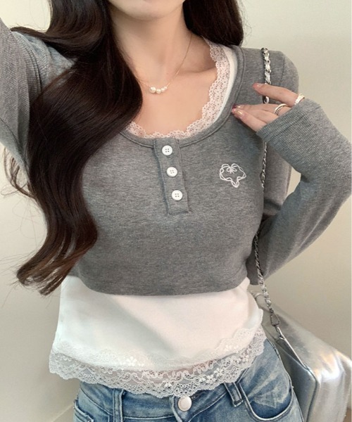 kirakiraShop(キラキラショップ)の「レイヤード風 ショート丈 リブカットソー(Tシャツ/カットソー・レディース・杢グレー・FREE)」の1枚目の写真