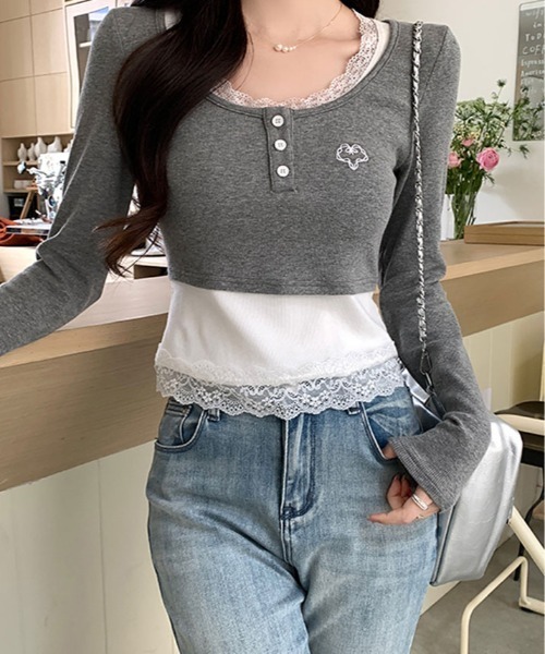 kirakiraShop(キラキラショップ)の「レイヤード風 ショート丈 リブカットソー(Tシャツ/カットソー・レディース・杢グレー・FREE)」の3枚目の写真