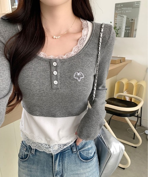 kirakiraShop(キラキラショップ)の「レイヤード風 ショート丈 リブカットソー(Tシャツ/カットソー・レディース・杢グレー・FREE)」の5枚目の写真
