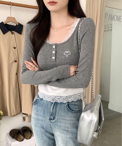 kirakiraShop(キラキラショップ)の「レイヤード風 ショート丈 リブカットソー(Tシャツ/カットソー・レディース・杢グレー・FREE)」の6枚目の写真