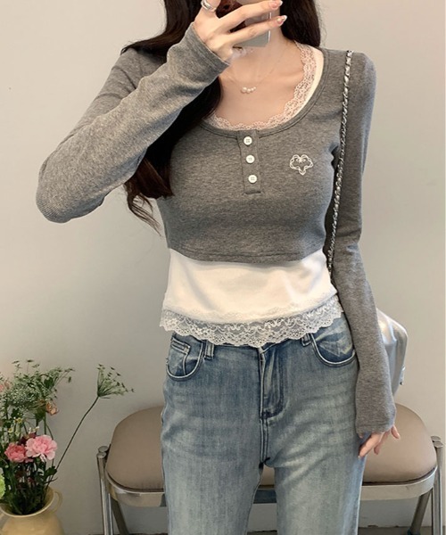 kirakiraShop(キラキラショップ)の「レイヤード風 ショート丈 リブカットソー(Tシャツ/カットソー・レディース・杢グレー・FREE)」の7枚目の写真