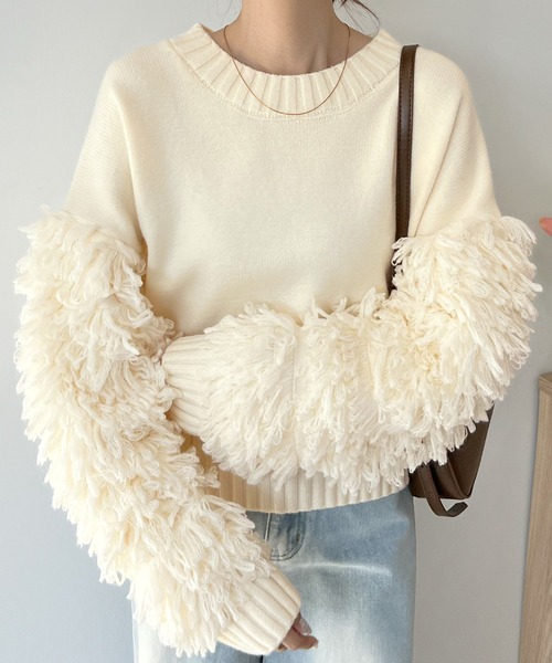 Futier land（フューティアランド）の「存在感に目が留まる。袖フリンジニットプルオーバー（ニット/セーター・レディース・アイボリー/ブラウン/チャコールグレー・FREE）」の11枚目の写真