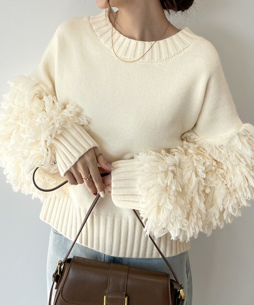 Futier land（フューティアランド）の「存在感に目が留まる。袖フリンジニットプルオーバー（ニット/セーター・レディース・アイボリー/ブラウン/チャコールグレー・FREE）」の12枚目の写真