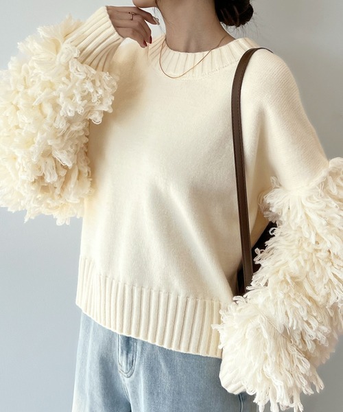 Futier land（フューティアランド）の「存在感に目が留まる。袖フリンジニットプルオーバー（ニット/セーター・レディース・アイボリー/ブラウン/チャコールグレー・FREE）」の17枚目の写真