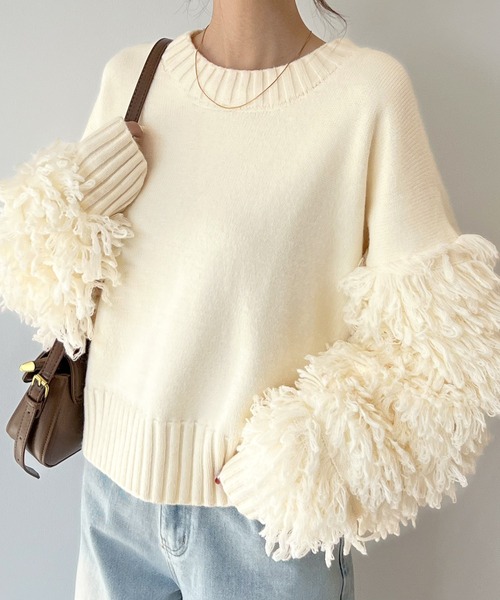 Futier land（フューティアランド）の「存在感に目が留まる。袖フリンジニットプルオーバー（ニット/セーター・レディース・アイボリー/ブラウン/チャコールグレー・FREE）」の19枚目の写真