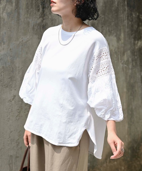 ＆HALF（アンドハーフ）の「インド綿袖刺繍デザイントップス（インド綿.インドコットン.コットン100%,綿100%）（Tシャツ/カットソー・レディース・ブラック/イエロー/ミント/ロイヤルブルー/オフホワイト・M/L）」の2枚目の写真