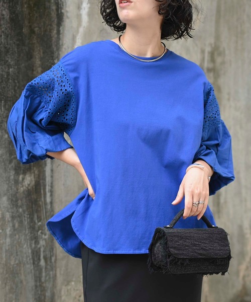 ＆HALF（アンドハーフ）の「インド綿袖刺繍デザイントップス（インド綿.インドコットン.コットン100%,綿100%）（Tシャツ/カットソー・レディース・ブラック/イエロー/ミント/ロイヤルブルー/オフホワイト・M/L）」の4枚目の写真