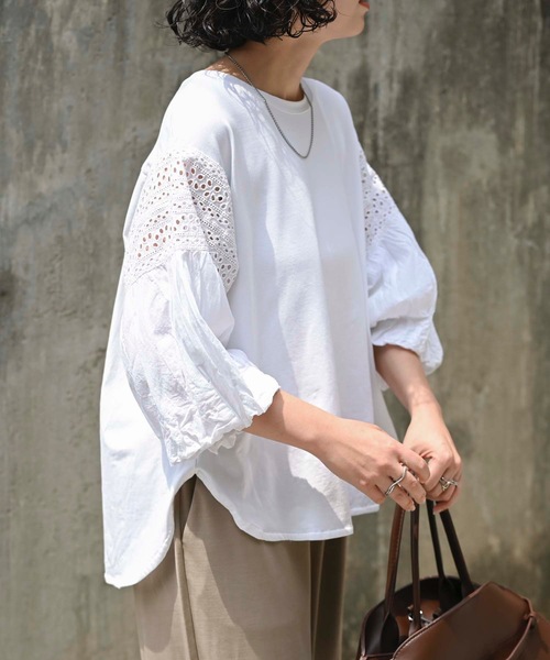 ＆HALF（アンドハーフ）の「インド綿袖刺繍デザイントップス（インド綿.インドコットン.コットン100%,綿100%）（Tシャツ/カットソー・レディース・ブラック/イエロー/ミント/ロイヤルブルー/オフホワイト・M/L）」の8枚目の写真