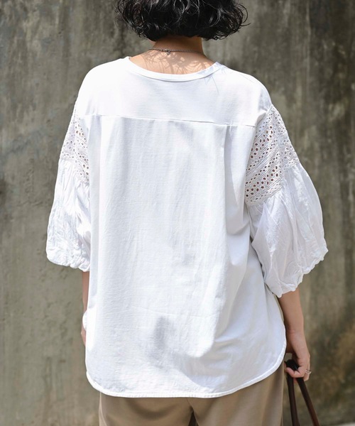 ＆HALF（アンドハーフ）の「インド綿袖刺繍デザイントップス（インド綿.インドコットン.コットン100%,綿100%）（Tシャツ/カットソー・レディース・ブラック/イエロー/ミント/ロイヤルブルー/オフホワイト・M/L）」の7枚目の写真