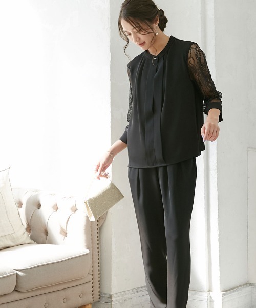 Jolie et Jolie（ジョリーエジョリー）の「フロントプリーツブラウス＋サルエルパンツセットアップドレス（パンツドレス・レディース・ブラック/モカ/ネイビー・M/L/LL/3L/5L/4L）」の20枚目の写真