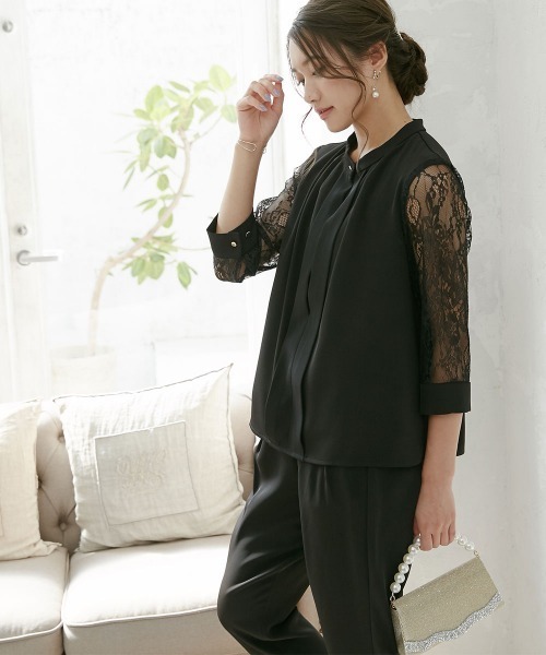 Jolie et Jolie（ジョリーエジョリー）の「フロントプリーツブラウス＋サルエルパンツセットアップドレス（パンツドレス・レディース・ブラック/モカ/ネイビー・M/L/LL/3L/5L/4L）」の22枚目の写真