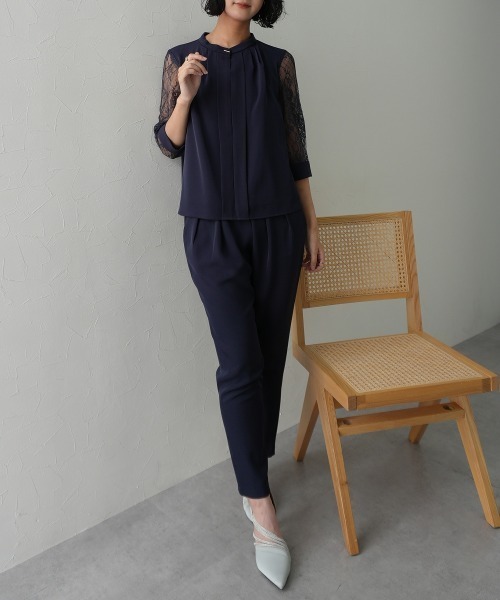 Jolie et Jolie（ジョリーエジョリー）の「フロントプリーツブラウス＋サルエルパンツセットアップドレス（パンツドレス・レディース・ブラック/モカ/ネイビー・M/L/LL/3L/5L/4L）」の6枚目の写真