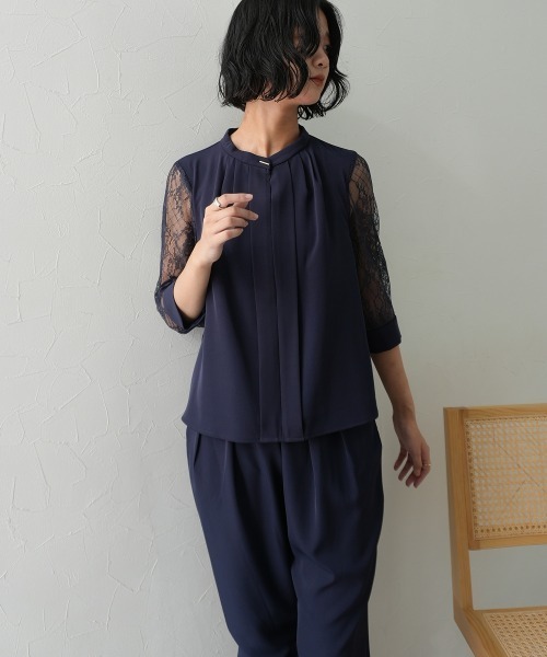 Jolie et Jolie（ジョリーエジョリー）の「フロントプリーツブラウス＋サルエルパンツセットアップドレス（パンツドレス・レディース・ブラック/モカ/ネイビー・M/L/LL/3L/5L/4L）」の12枚目の写真