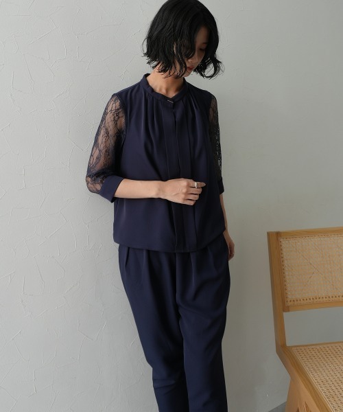 Jolie et Jolie（ジョリーエジョリー）の「フロントプリーツブラウス＋サルエルパンツセットアップドレス（パンツドレス・レディース・ブラック/モカ/ネイビー・M/L/LL/3L/5L/4L）」の14枚目の写真