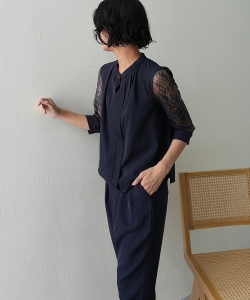 Jolie et Jolie（ジョリーエジョリー）の「フロントプリーツブラウス＋サルエルパンツセットアップドレス（パンツドレス・レディース・ブラック/モカ/ネイビー・M/L/LL/3L/5L/4L）」の16枚目の写真