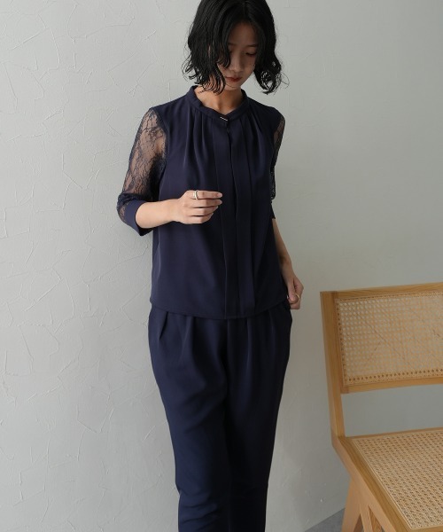 Jolie et Jolie（ジョリーエジョリー）の「フロントプリーツブラウス＋サルエルパンツセットアップドレス（パンツドレス・レディース・ブラック/モカ/ネイビー・M/L/LL/3L/5L/4L）」の17枚目の写真