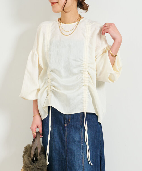 un dix cors(アンディコール)の「【一枚で決まる】ドロストシャーリングブラウス(シャツ/ブラウス・レディース・サックスブルー/アイボリー・FREE)」の1枚目の写真