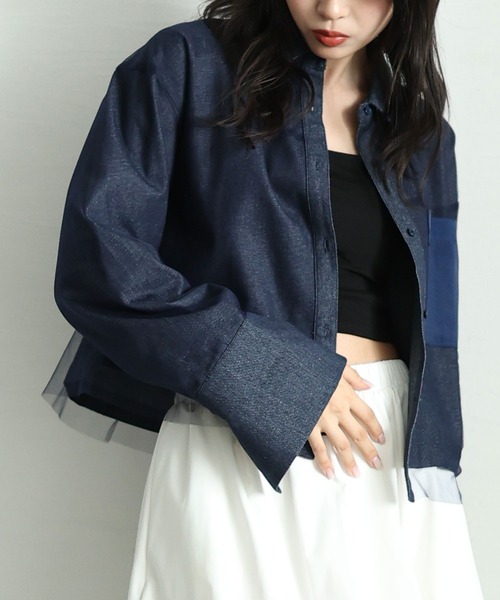 Sawa a la mode(サワアラモード)の「異素材デニムシャツジャケット(シャツ/ブラウス・レディース・ブラック/ブルー・FREE)」の2枚目の写真