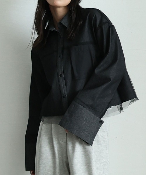 Sawa a la mode(サワアラモード)の「異素材デニムシャツジャケット(シャツ/ブラウス・レディース・ブラック/ブルー・FREE)」の1枚目の写真