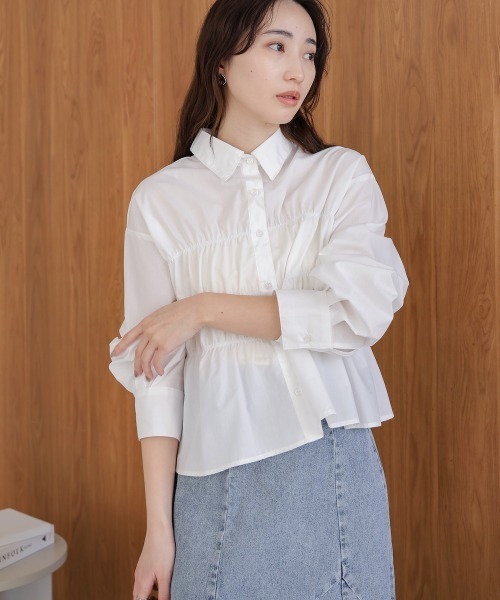 Bab（バブ）の「シャーリング ビスチェ風デザインシャツ（シャツ/ブラウス・レディース・サックスブルー/ピンク/オフホワイト・M）」の6枚目の写真