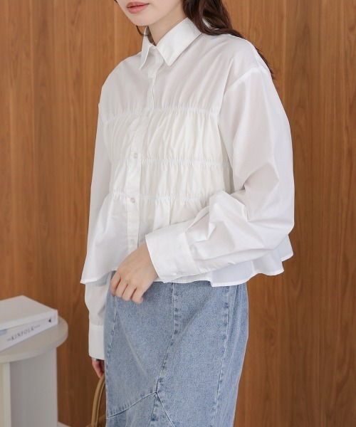 Bab（バブ）の「シャーリング ビスチェ風デザインシャツ（シャツ/ブラウス・レディース・サックスブルー/ピンク/オフホワイト・M）」の7枚目の写真