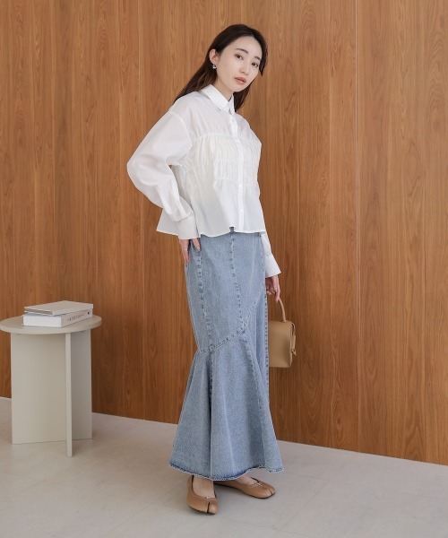 Bab（バブ）の「シャーリング ビスチェ風デザインシャツ（シャツ/ブラウス・レディース・サックスブルー/ピンク/オフホワイト・M）」の8枚目の写真