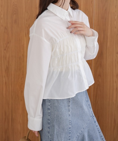 Bab（バブ）の「シャーリング ビスチェ風デザインシャツ（シャツ/ブラウス・レディース・サックスブルー/ピンク/オフホワイト・M）」の9枚目の写真