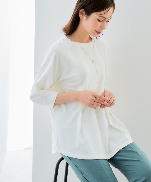 7days Life Styling（セブンデイズライフスタイリング）の「ブラウス見え　シルケットポンチタックフレアチュニック（シャツ/ブラウス・レディース・グレイッシュベージュ/ブラック/サックスブルー/オフホワイト・S/M/L/LL/3L）」の5枚目の写真
