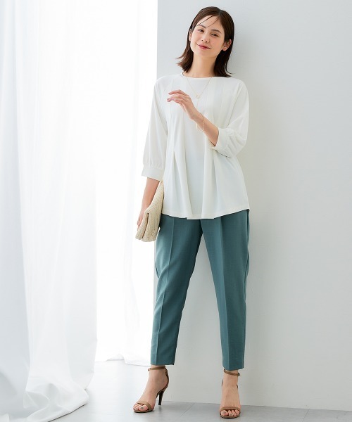 7days Life Styling（セブンデイズライフスタイリング）の「ブラウス見え　シルケットポンチタックフレアチュニック（シャツ/ブラウス・レディース・グレイッシュベージュ/ブラック/サックスブルー/オフホワイト・S/M/L/LL/3L）」の7枚目の写真