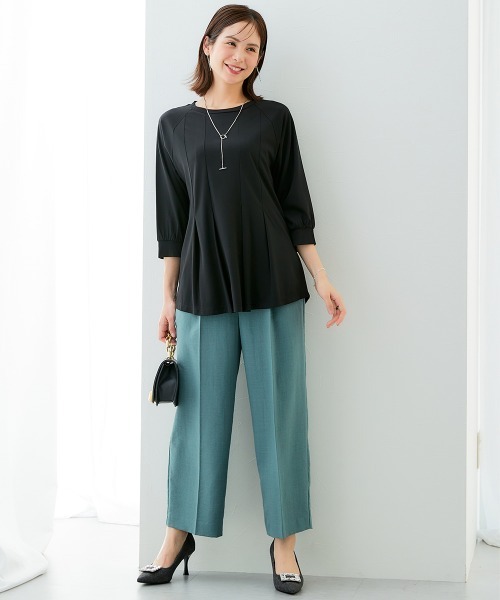 7days Life Styling（セブンデイズライフスタイリング）の「ブラウス見え　シルケットポンチタックフレアチュニック（シャツ/ブラウス・レディース・グレイッシュベージュ/ブラック/サックスブルー/オフホワイト・S/M/L/LL/3L）」の8枚目の写真